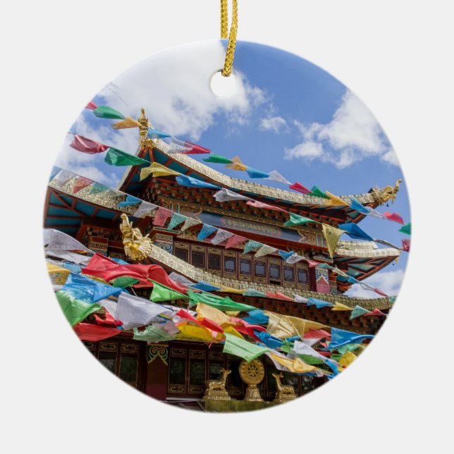 Tibetan Temple with prayer flags - Yunnan, China Ceramic Ornament (Front)
