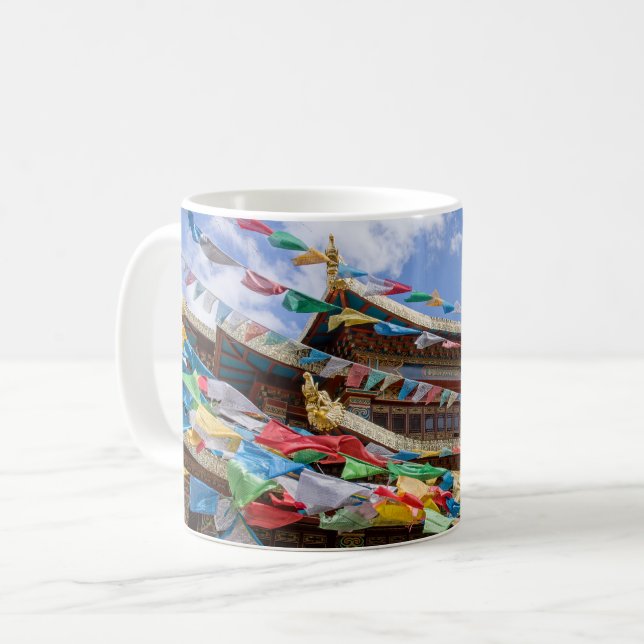 Tibetan Temple with prayer flags - Yunnan, China Coffee Mug (Front Left)