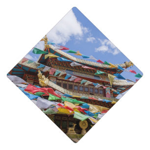 Tibetan Temple with prayer flags - Yunnan, China Graduation Cap Topper