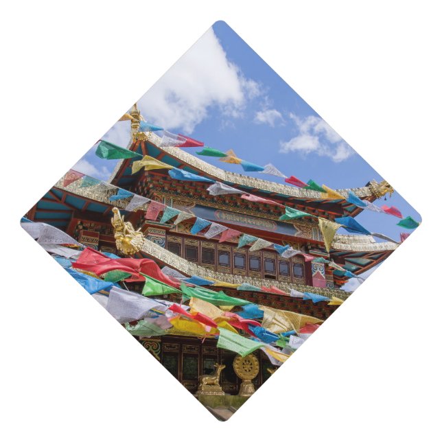 Tibetan Temple with prayer flags - Yunnan, China Graduation Cap Topper (Front)