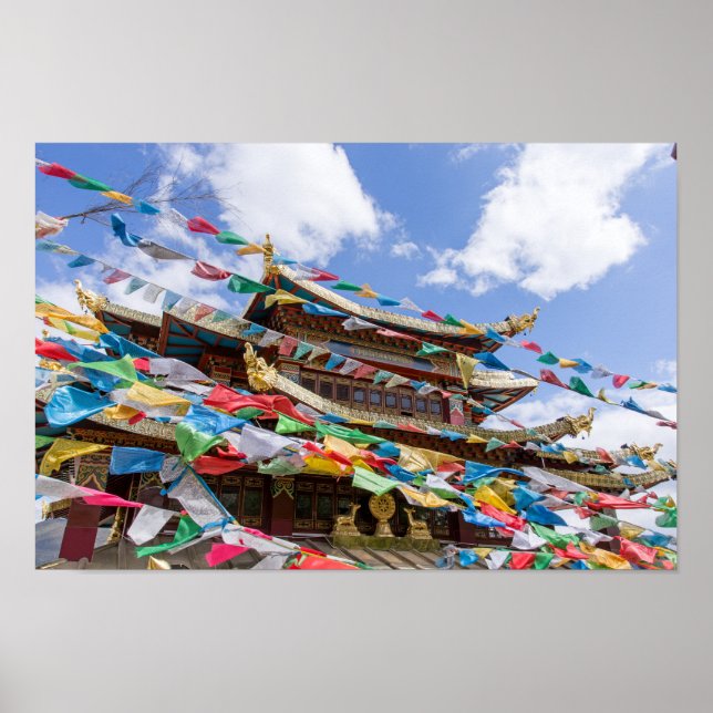 Tibetan Temple with prayer flags - Yunnan, China Poster (Front)