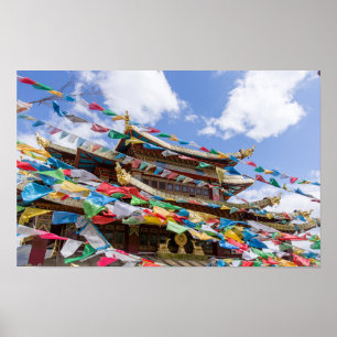 Tibetan Temple with prayer flags - Yunnan, China Poster