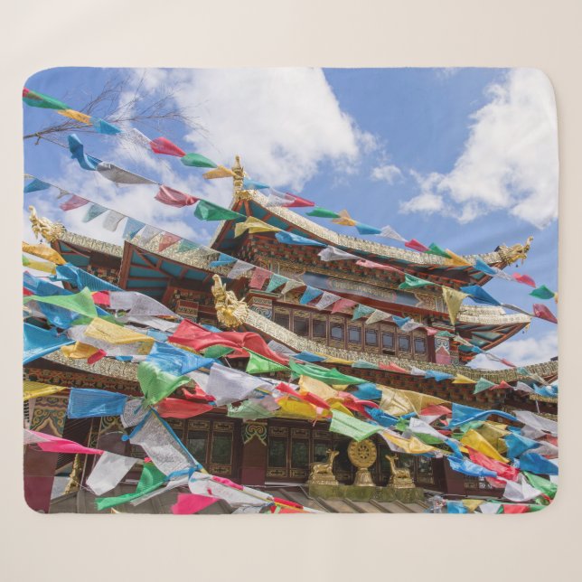 Tibetan Temple with prayer flags - Yunnan, China Sherpa Blanket (Front (Horizontal))