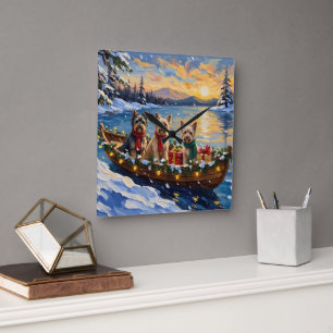 Tibetan Terrier Christmas Boat Holiday Square Wall Clock