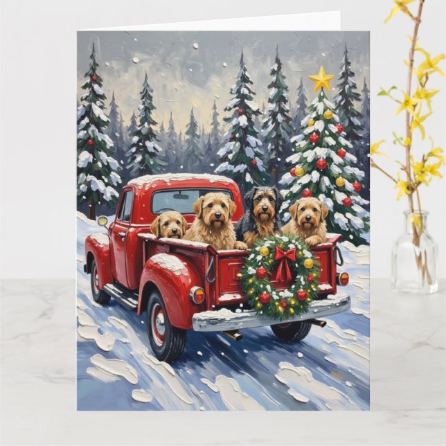 Tibetan Terrier Christmas Red Truck Holiday Card (Yellow Flower)