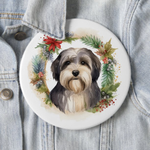 Tibetan Terrier Christmas Wreath Festive Pup  6 Inch Round Button