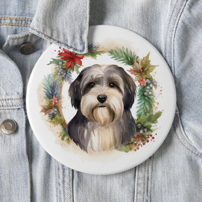 Tibetan Terrier Christmas Wreath Festive Pup  6 Inch Round Button (In Situ)