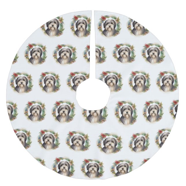 Tibetan Terrier Christmas Wreath Festive Pup  Brushed Polyester Tree Skirt (Front)