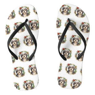 Tibetan Terrier Christmas Wreath Festive Pup  Flip Flops