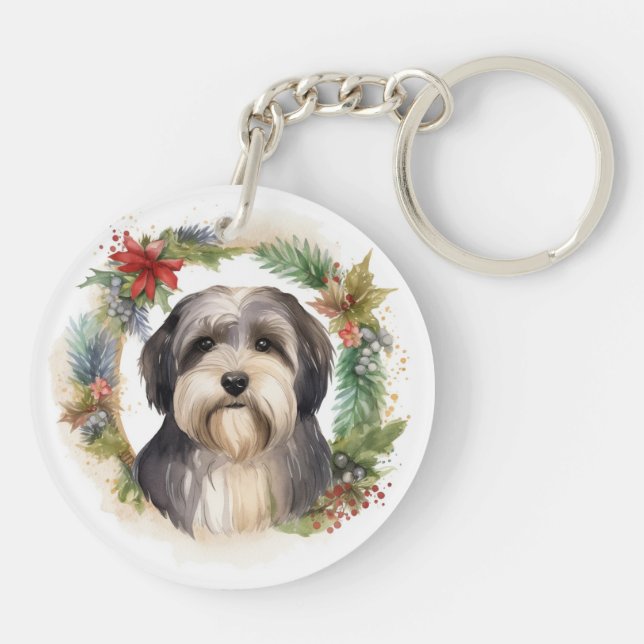 Tibetan Terrier Christmas Wreath Festive Pup  Keychain (Back)
