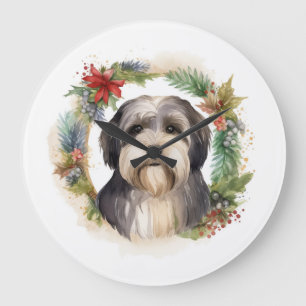 Tibetan Terrier Christmas Wreath Festive Pup Large Clock