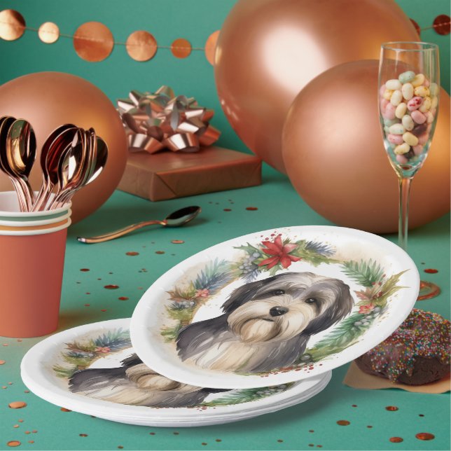 Tibetan Terrier Christmas Wreath Festive Pup  Paper Plate (Multi)