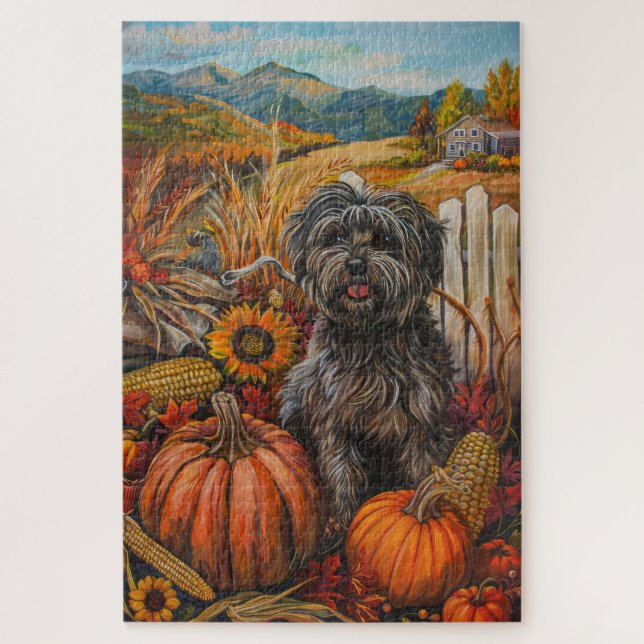 Tibetan Terrier Dog Autumn Harvest Thanksgiving Jigsaw Puzzle (Vertical)