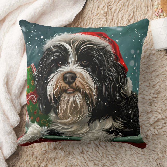 Tibetan Terrier Dog Christmas Festive  Throw Pillow (Blanket)