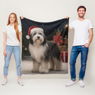 Tibetan Terrier Dog in Snow Christmas Fleece Blanket