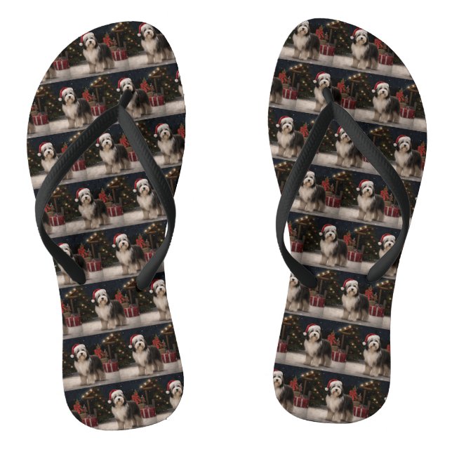 Tibetan Terrier Dog in Snow Christmas  Flip Flops (Footbed)