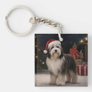 Tibetan Terrier Dog in Snow Christmas  Keychain