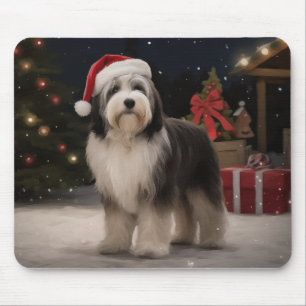 Tibetan Terrier Dog in Snow Christmas Mouse Pad