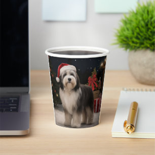 Tibetan Terrier Dog in Snow Christmas Paper Cups