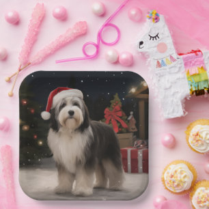 Tibetan Terrier Dog in Snow Christmas Paper Plate