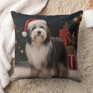Tibetan Terrier Dog in Snow Christmas  Throw Pillow