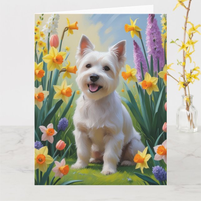 Tibetan Terrier Dog Spring Flowers Painting Card (Yellow Flower)