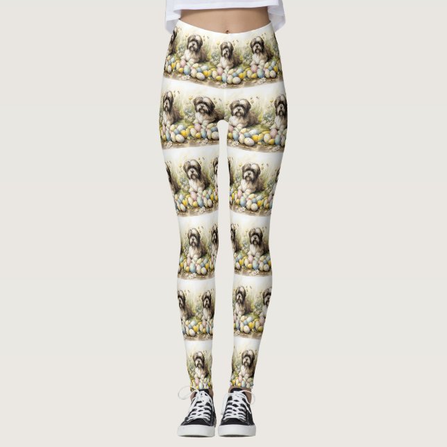 Tibetan Terrier Dog with Easter Eggs Holiday Leggings (Front)