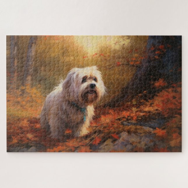 Tibetan Terrier in Autumn Leaves Fall Inspire  Jigsaw Puzzle (Horizontal)