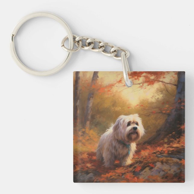 Tibetan Terrier in Autumn Leaves Fall Inspire  Keychain (Front)