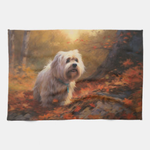 Tibetan Terrier in Autumn Leaves Fall Inspire  Kitchen Towel
