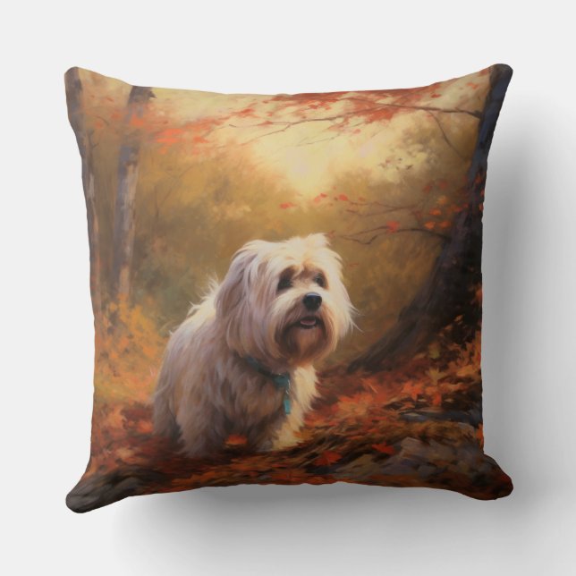 Tibetan Terrier in Autumn Leaves Fall Inspire  Throw Pillow (Back)