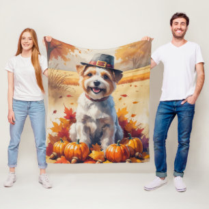 Tibetan Terrier In Autumn Leaves Thanksgiving Art Fleece Blanket