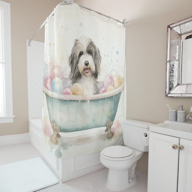 Tibetan Terrier In Bathtub Watercolor Dog Art  (In Situ)