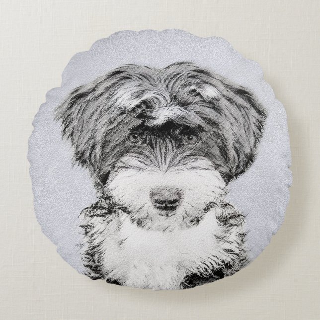 Tibetan Terrier Painting - Cute Original Dog Art Round Pillow (Front)