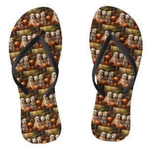 Tibetan Terrier Puppy Autumn Delight Pumpkin Flip Flops