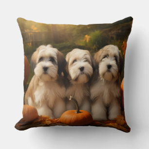 Tibetan Terrier Puppy Autumn Delight Pumpkin Throw Pillow