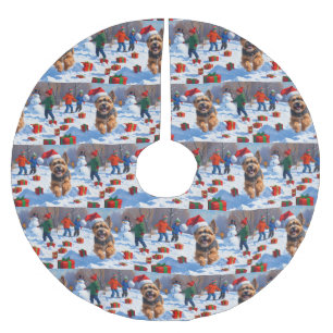 Tibetan Terrier Running in Snow with Christmas Hat Brushed Polyester Tree Skirt
