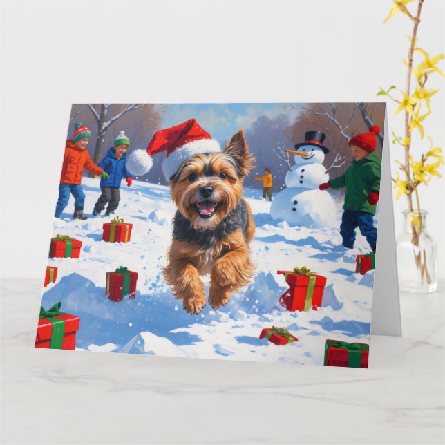 Tibetan Terrier Running in Snow with Christmas Hat Card (Yellow Flower)