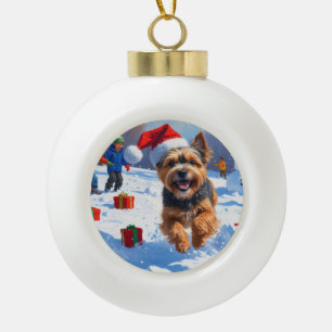 Tibetan Terrier Running in Snow with Christmas Hat Ceramic Ball Christmas Ornament