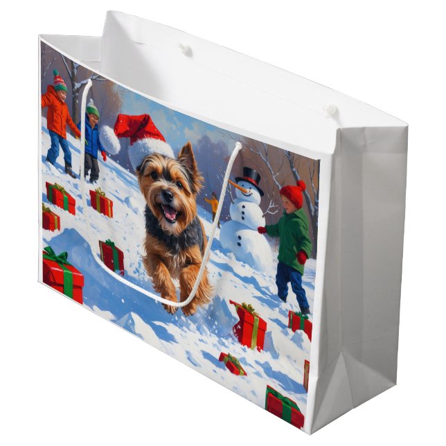 Tibetan Terrier Running in Snow with Christmas Hat Large Gift Bag (Front Angled)