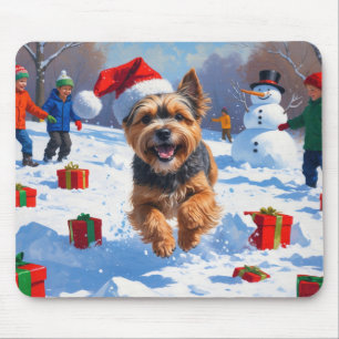 Tibetan Terrier Running in Snow with Christmas Hat Mouse Pad