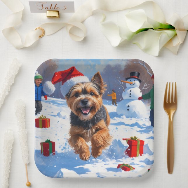 Tibetan Terrier Running in Snow with Christmas Hat Paper Plate (Wedding)