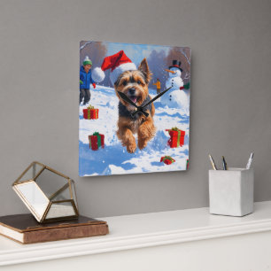 Tibetan Terrier Running in Snow with Christmas Hat Square Wall Clock