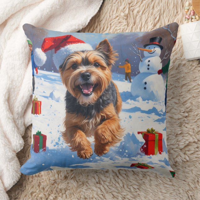 Tibetan Terrier Running in Snow with Christmas Hat Throw Pillow (Blanket)