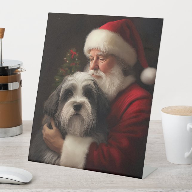 Tibetan Terrier Santa Claus Festive Christmas  Pedestal Sign (In SItu)