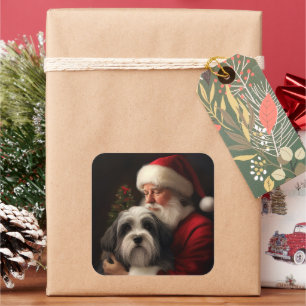 Tibetan Terrier Santa Claus Festive Christmas Square Sticker