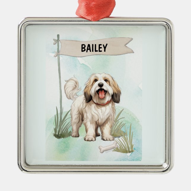 Tibetan Terrier Watercolor Personalized Dog Metal Ornament (Front)