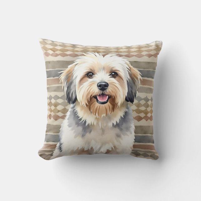 Tibetan Terrier Watercolor Textile Pattern Art Throw Pillow (Front)