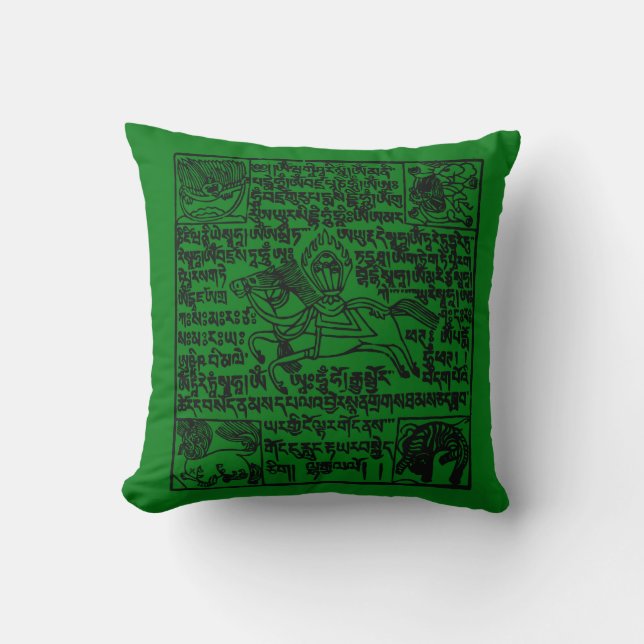Tibetan Windhorse Prayer Flag in green Throw Pillow (Front)