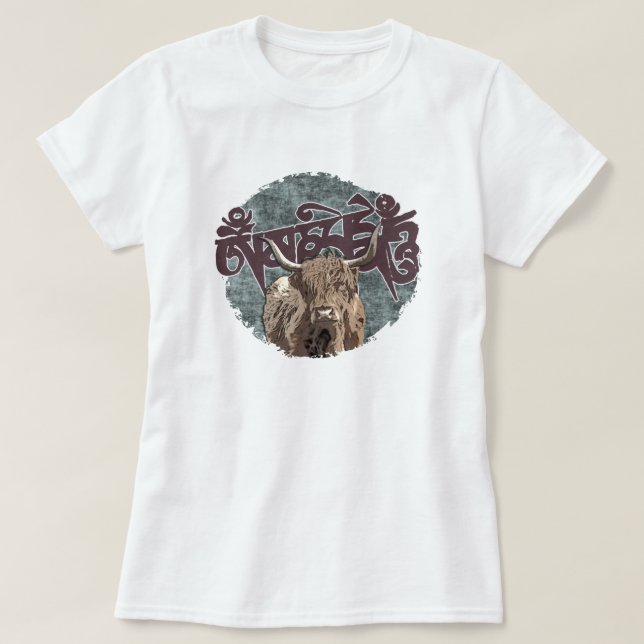 Tibetan Yak with Mani Mantra(OM MANI PADME HUM) T-Shirt (Design Front)
